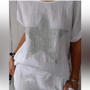 White Rhinestone Star Short Sleeve Women’s Top Made in Italy.